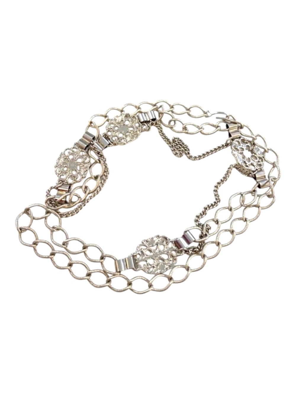 Y2K Style Silver Tone Chain Belt With Decorative Discs & Double Layered Chains F